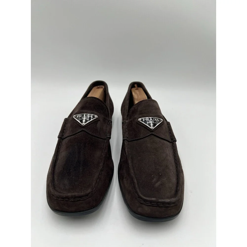 Men’s Prada chocolate brown suede slip-on driving loafers triangle logo 7UK - Picture 2 of 6